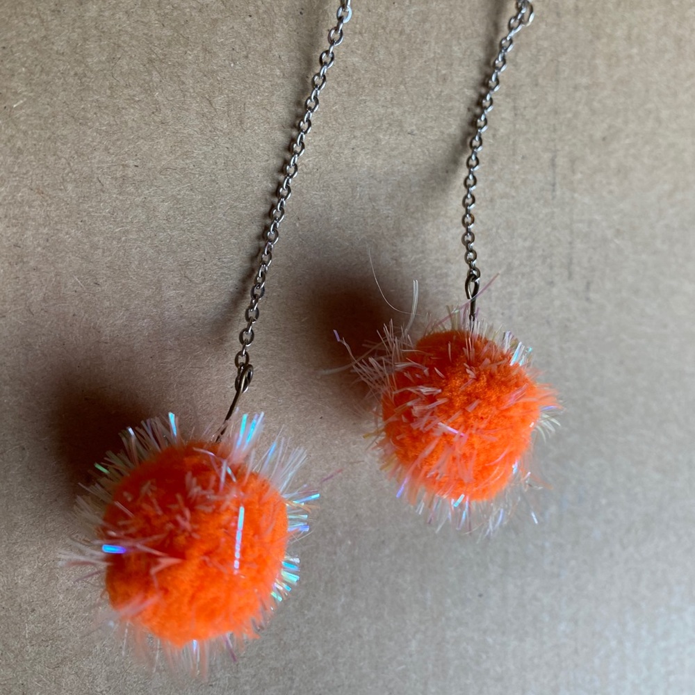 Orange Pom Pom chain dangles earrings